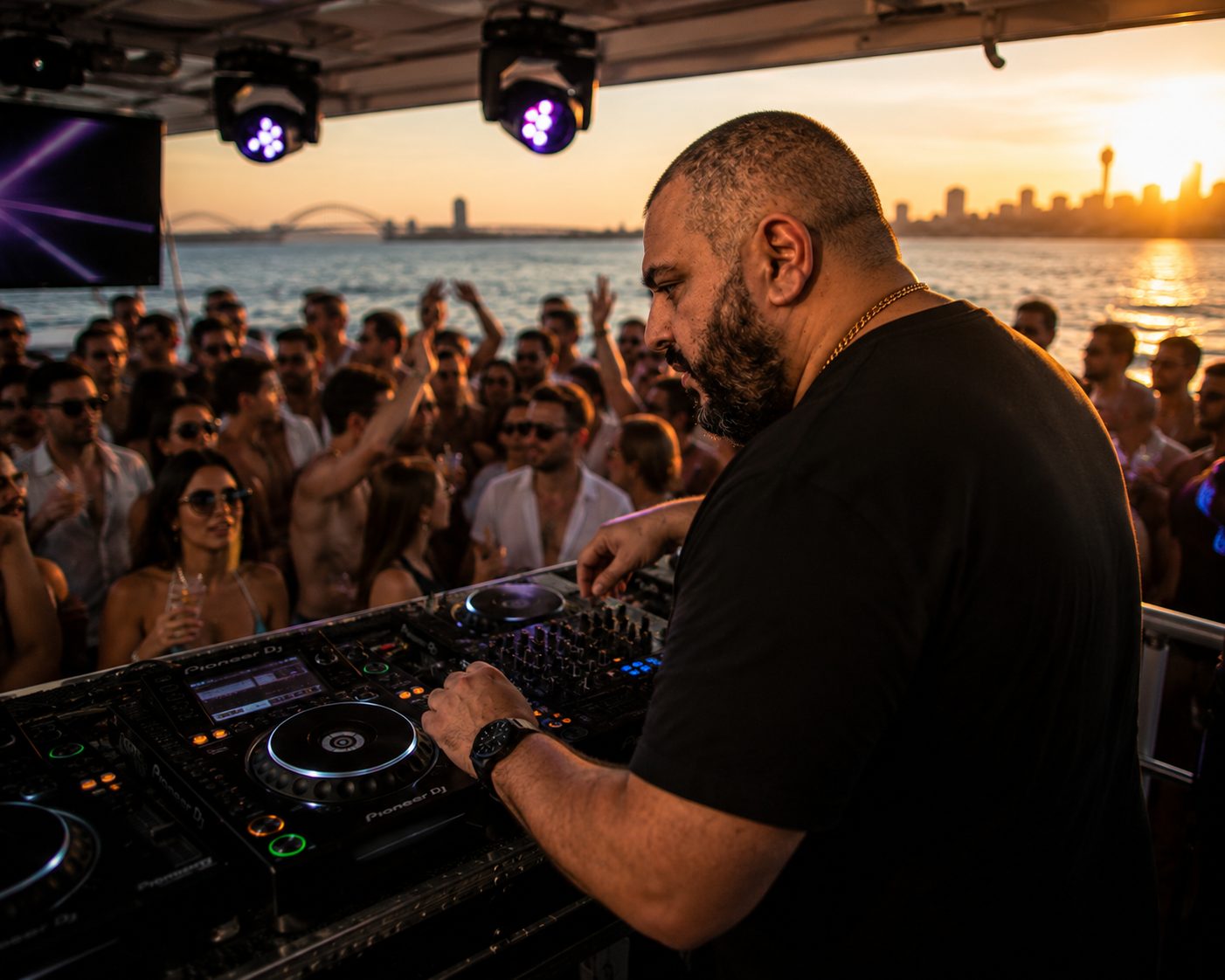 Adam J. Colosimo DJing on a boat with the Sydney skyline and harbour bridge at sunset