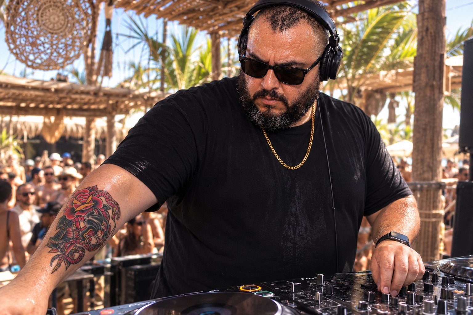 Adam J. Colosimo DJing at a beach club to a large crowd under palm-thatched decor