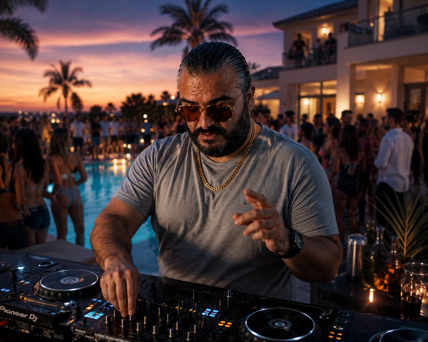Adam J. Colosimo performing at a sunset poolside DJ set, palm trees and crowd in background