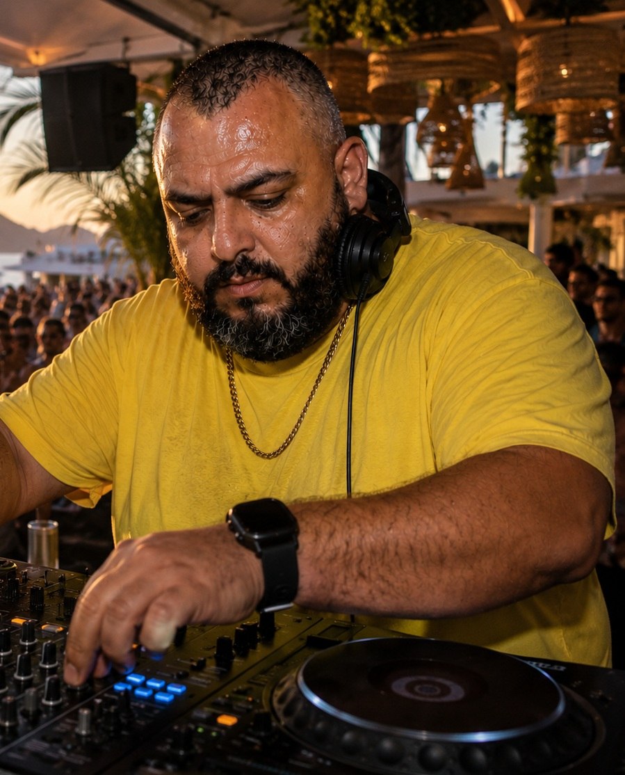Adam J. Colosimo DJing a sunset poolside event in a yellow t-shirt