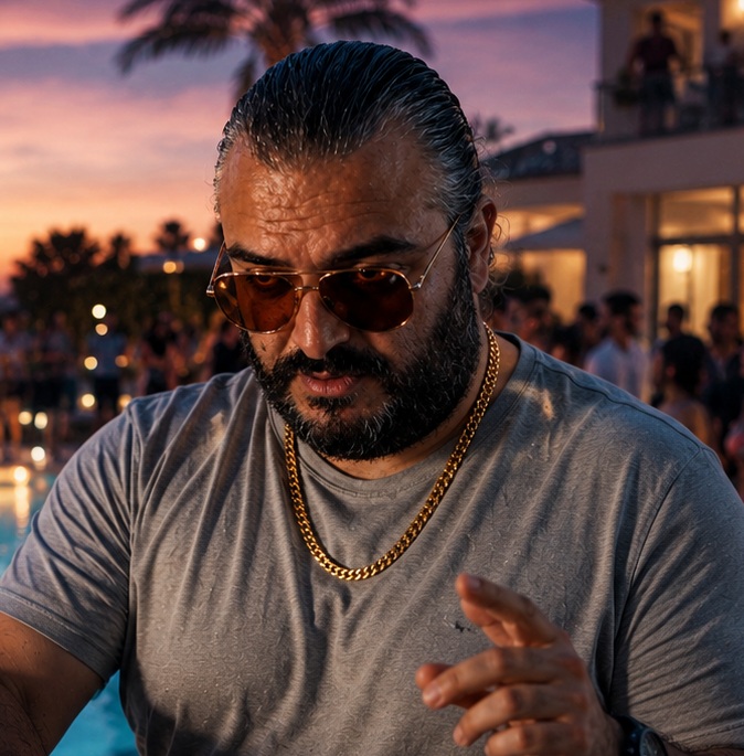 Close portrait of Adam J. Colosimo at a poolside sunset event, wearing sunglasses and a gold chain